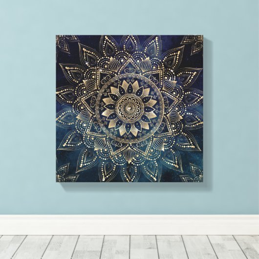 Elegant Goud Mandala Blauw Galaxy Canvas Afdruk (Insitu (Houten vloer))