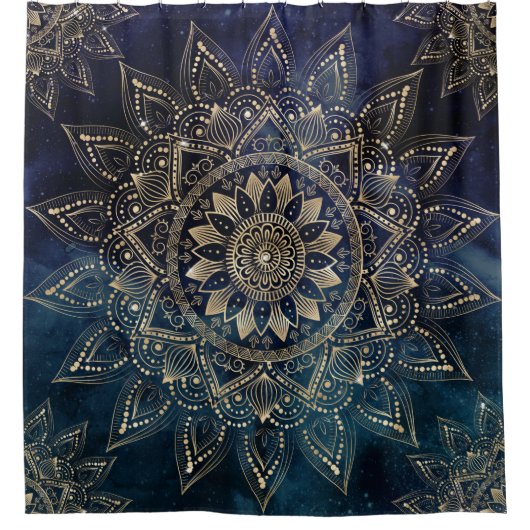 Elegant Goud Mandala Blauw Galaxy Douchegordijn (Voorkant)