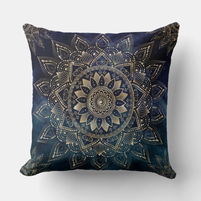 Elegant Goud Mandala Blauw Galaxy Kussen (Voorkant)