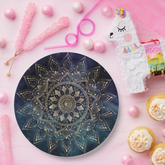 Elegant Goud Mandala Blauw Galaxy Papieren Bordje (Feest)