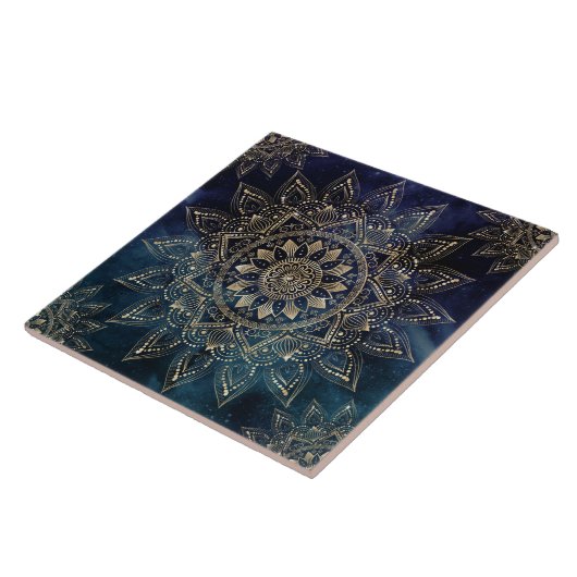 Elegant Goud Mandala Blauw Galaxy Tegeltje (Zijkant)