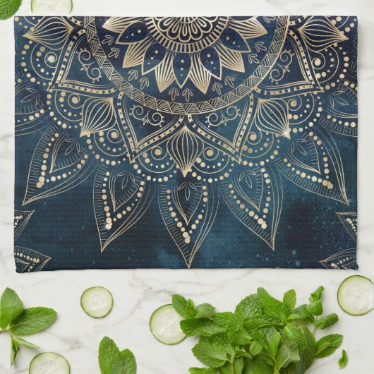 Elegant Goud Mandala Blauw Galaxy Theedoek (Gevouwen)