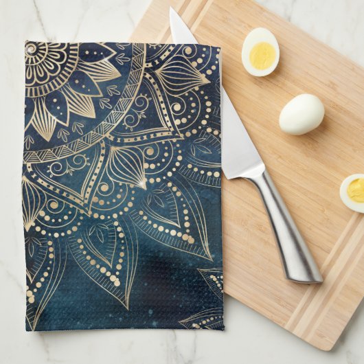 Elegant Goud Mandala Blauw Galaxy Theedoek (Quarter Fold)