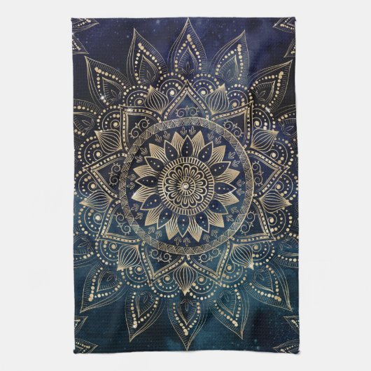 Elegant Goud Mandala Blauw Galaxy Theedoek (Verticaal)