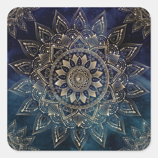 Elegant Goud Mandala Blauw Galaxy Vierkante Sticker (Voorkant)