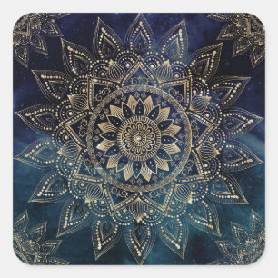 Elegant Goud Mandala Blauw Galaxy Vierkante Sticker