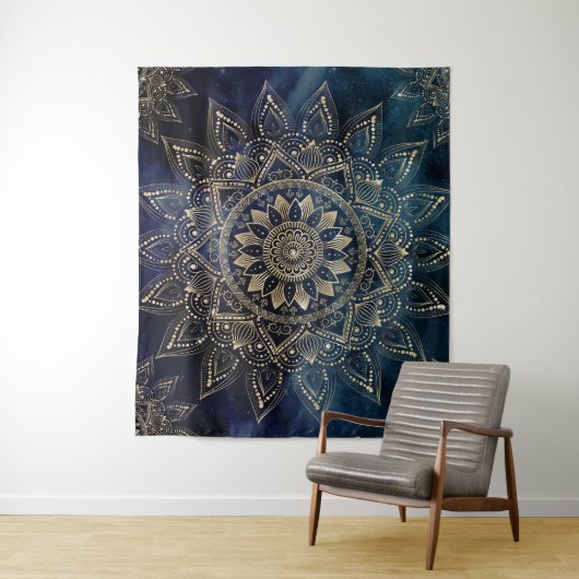 Elegant Goud Mandala Blauw Galaxy Wandkleed (In situ)