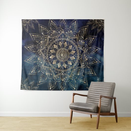 Elegant Goud Mandala Blauw Galaxy Wandkleed (In Situ (horizontaal))