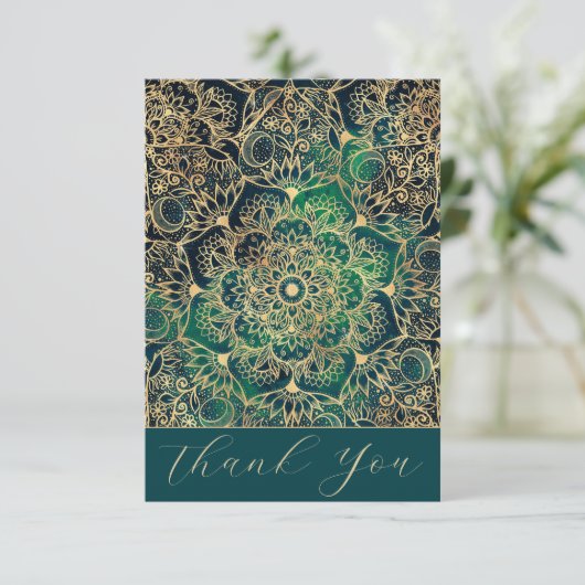 Elegant Goud Mandala Bloemen Groen Blauw Bedankkaart (Staand voorkant)