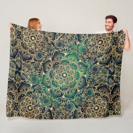 Elegant Goud Mandala Bloemen Groen Blauw Fleece Deken (In situ)