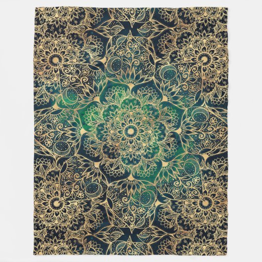 Elegant Goud Mandala Bloemen Groen Blauw Fleece Deken (Voorkant)