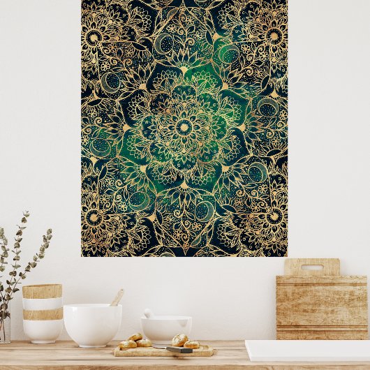 Elegant Goud Mandala Bloemen Groen Blauw Poster (Keuken)