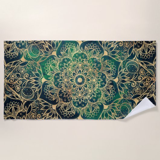 Elegant Goud Mandala Bloemen Groen Blauw Strandlaken (Voorkant)