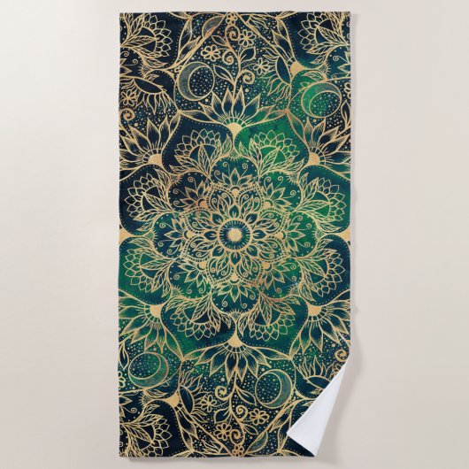 Elegant Goud Mandala Bloemen Groen Blauw Strandlaken (Voorkant)