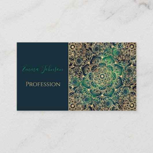 Elegant Goud Mandala Bloemen Groen Blauw Visitekaartje (Voorkant)