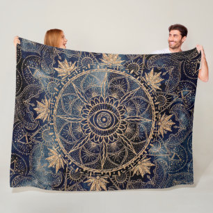 Elegant Goud Mandala Oog Zon Maan Marine Blauw Fleece Deken
