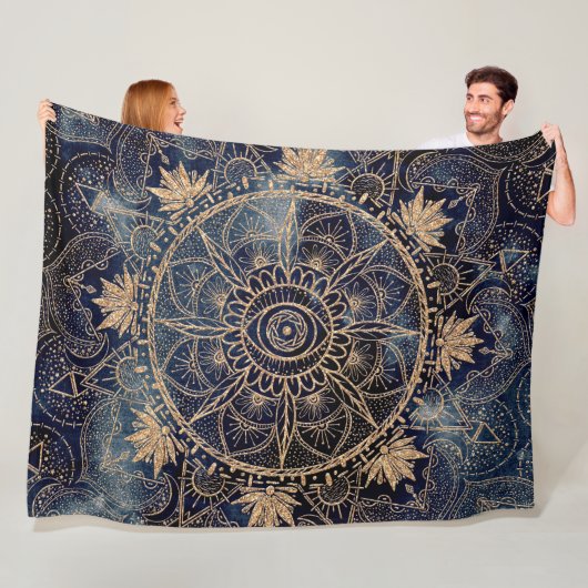 Elegant Goud Mandala Oog Zon Maan Marine Blauw Fleece Deken (In situ)