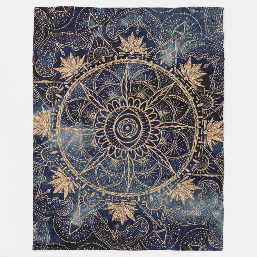 Elegant Goud Mandala Oog Zon Maan Marine Blauw Fleece Deken (Voorkant)
