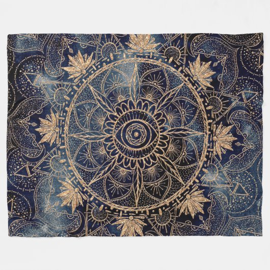 Elegant Goud Mandala Oog Zon Maan Marine Blauw Fleece Deken (Voorkant (Horizontaal))