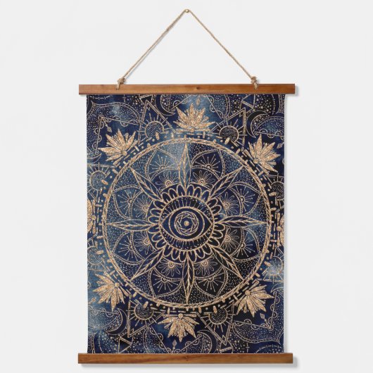 Elegant Goud Mandala Oog Zon Maan Marine Blauw Hangend Wandkleed (Voorkant)