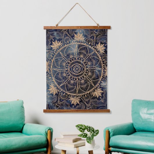 Elegant Goud Mandala Oog Zon Maan Marine Blauw Hangend Wandkleed (Woonkamer)