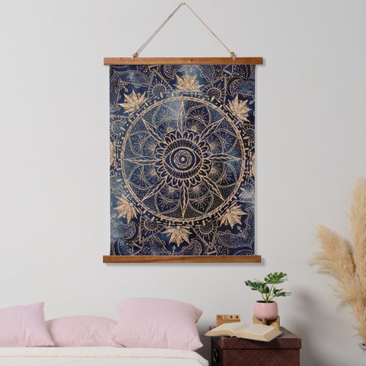 Elegant Goud Mandala Oog Zon Maan Marine Blauw Hangend Wandkleed (Slaapkamer)
