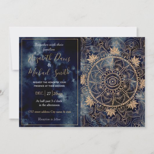 Elegant Goud Mandala Oog Zon Maan Marine Blauw Kaart (Voorkant)