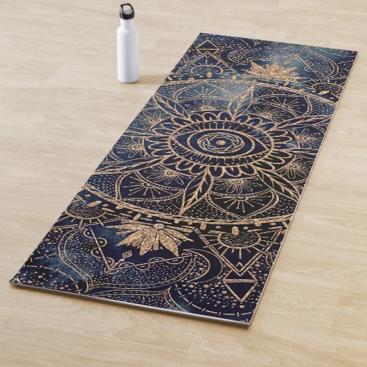 Elegant Goud Mandala Oog Zon Maan Marine Blauw Yogamat (In situ)