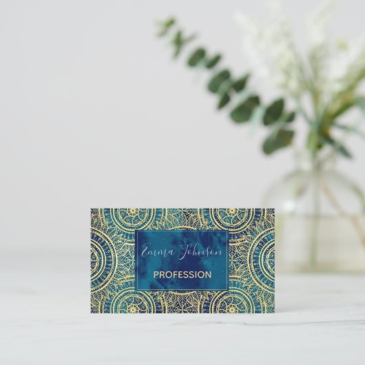 Elegant goud mandala zonnebloem blauw patroon visitekaartje (Staand voorkant)