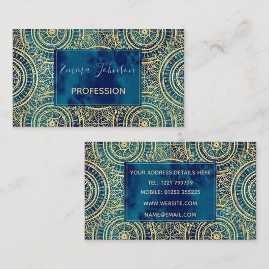 Elegant goud mandala zonnebloem blauw patroon visitekaartje (Voorkant / Achterkant)