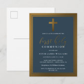 Elegant goud & marine blauw Eerste Heilige Communi Uitnodiging Briefkaart (Voorkant / Achterkant)
