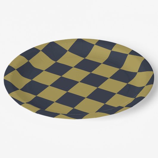 Elegant goud & marine blauw geruit patroon papieren bordje (Gekanteld)