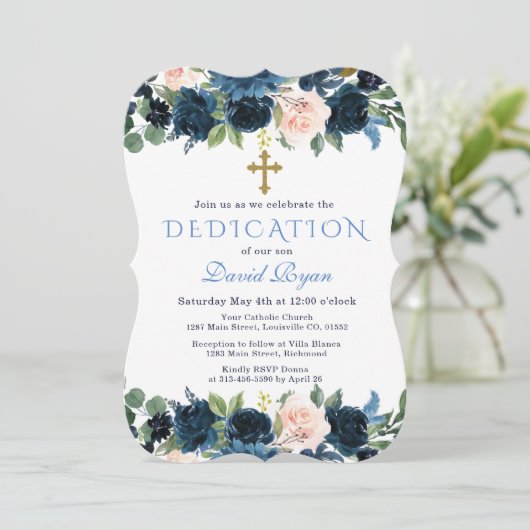 Elegant goud marineblauw roze bloemendedicatie kaart (Staand voorkant)