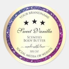 Elegant Goud met Paarse Glitter Productlabels Ronde Sticker