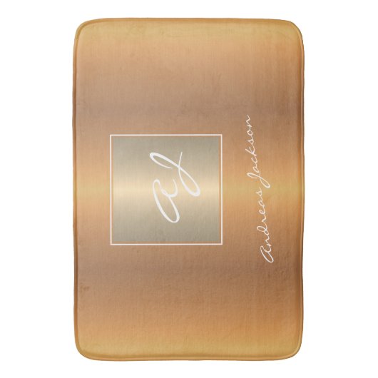 Elegant goud metallisch modern script monogram naa badmat (Voorkant Verticaal)