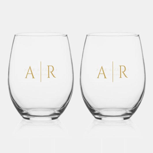 Elegant Goud Minimaal Koppel Initialen Bruiloft gu Wijnglas Zonder Voet (Voorkant)