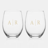 Elegant Goud Minimaal Koppel Initialen Bruiloft gu Wijnglas Zonder Voet (Voorkant)