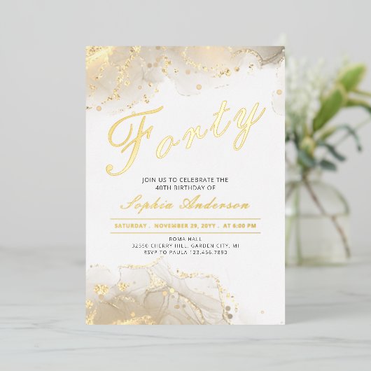 Elegant Goud Modern 40e Verjaardag Folie Uitnodiging (Staand Voorkant)
