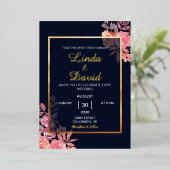 Elegant Goud Modern Roze Bloemen Grens Bruiloft Folie Uitnodiging (Staand Voorkant)