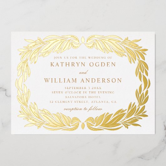 Elegant goud moderne florale botanische bruiloft folie uitnodiging (Voorkant)