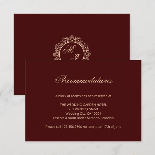 Elegant Goud Monogram Bourgogne Informatie Kaart (Voorkant / Achterkant)