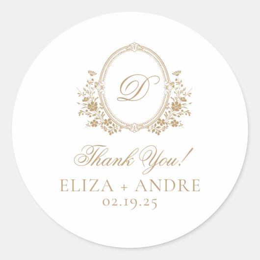 Elegant Goud Monogram Crest Bruiloft Classic Ronde Ronde Sticker (Voorkant)