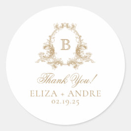 Elegant Goud Monogram Crest Bruiloft Ronde Sticker