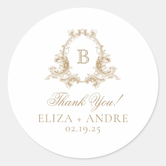 Elegant Goud Monogram Crest Bruiloft Ronde Sticker (Voorkant)