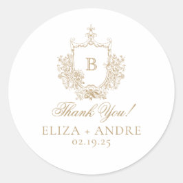 Elegant Goud Monogram Crest Bruiloft Ronde Sticker