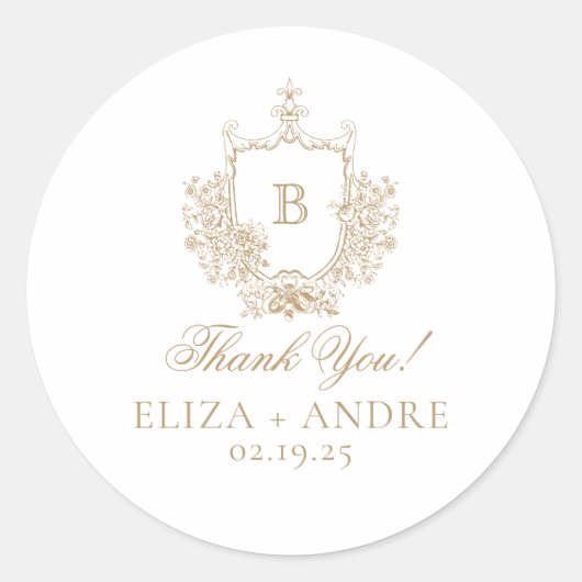 Elegant Goud Monogram Crest Bruiloft Ronde Sticker (Voorkant)