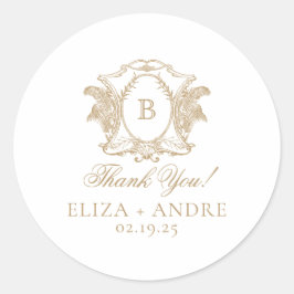 Elegant Goud Monogram Crest Bruiloft Ronde Sticker