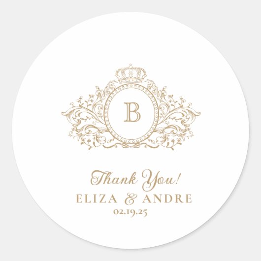 Elegant Goud Monogram Crest Bruiloft Sticker (Voorkant)