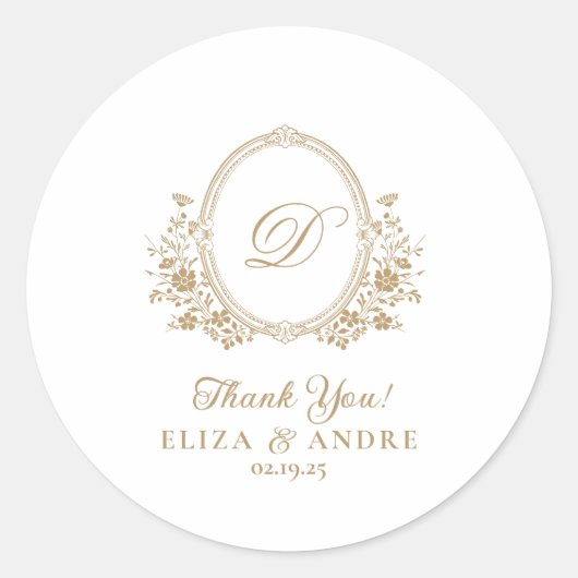 Elegant Goud Monogram Crest Bruiloft Sticker (Voorkant)