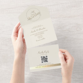 Elegant Goud Monogram Huwelijk QR Code All In One Uitnodiging